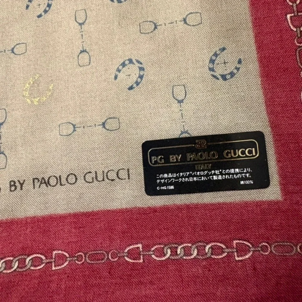 Vtg PAOLO GUCCI Scarf Handkerchief Equestrian Cotton Tan Burgundy 18